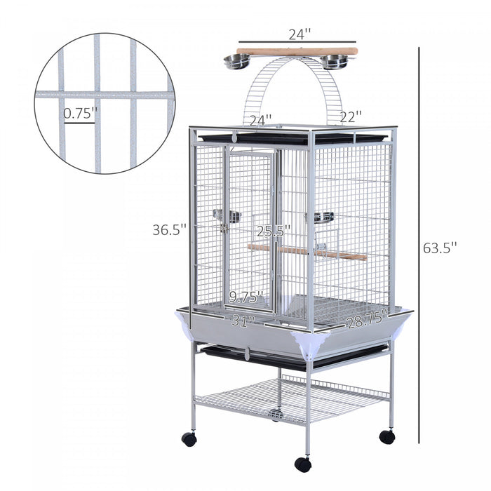 Pawhut D10-016 160 Cm Grand Support Pour Cage A Perroquet A Oiseaux Mangeoire A Pinsons Maison Perchoir Avec Bol Et Roues Argente