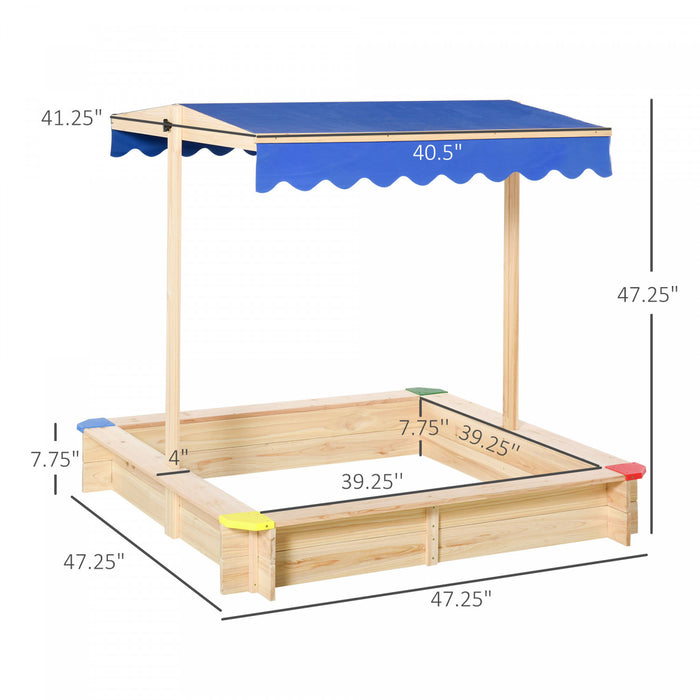 Bac A Sable En Bois Avec Auvent Reglable, Ensemble De Jeu D'exterieur Pour Enfants Resistant Aux Intemperies 47\" L X 47\" L X 47\" H, Naturel Et Bleu