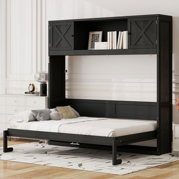 Lit escamotable Ethan en bois massif avec armoires de rangement, taille full, noir