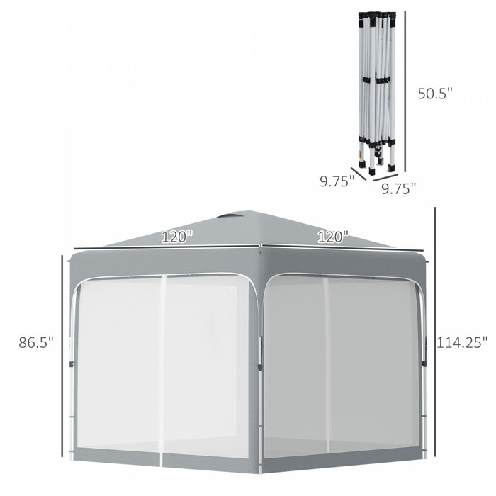 Outsunny 9.8' X 9.8' Pop Up Gazebo Tente Pliable Avec Sac De Transport Et Roues Parois Laterales En Maille Et Hauteur Reglable A 3 Niveaux Pour L'exterieur Le Jardin La Fete Et Le Patio Gris