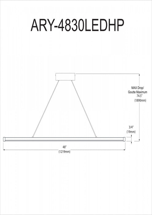 Luminaire suspendu horizontal Array de Dainolite de 48 po en acrylique blanc qui diffuse la lumière, avec fini noir mat et ampoule à DEL de 30 W