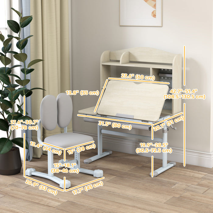 Qaba Ensemble Bureau et Chaise pour Enfants, Table d'Etude Reglable avec Bureau Inclinable, Tiroir et Etageres, Gris