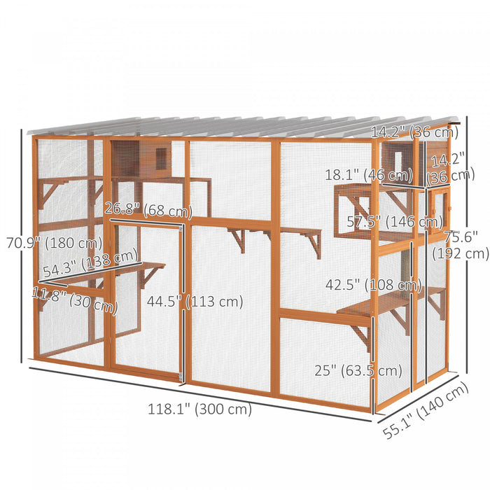 Enclos exterieur pour chats PawHut Catio, grande maison en bois de 193 cm avec niches, plateformes de saut, griffoirs, toit impermeable, cage pour 1 a 5 chatons, orange