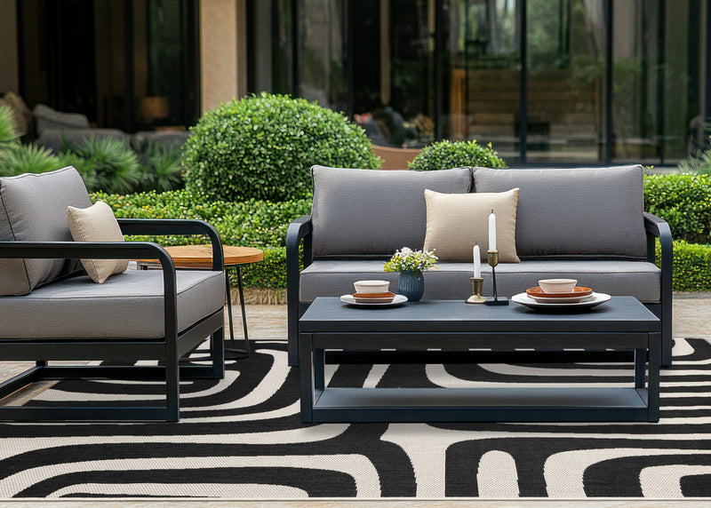 Tapis d'exterieur Jackson a lignes abstraites noires et blanches, 7'10\" x 10'6\"
