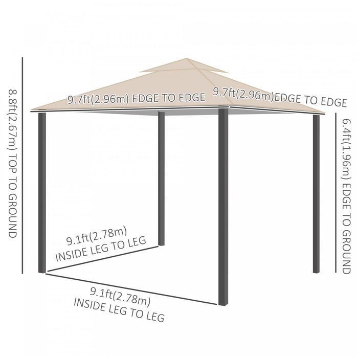 Belvedere De Patio Exterieur De 10 Pi X 10 Pi Outsunny Double Toit Souple Abri De Jardin Tente Avec De Beaux Rideaux En Polyester Et Des Rideaux En Maille, Kaki
