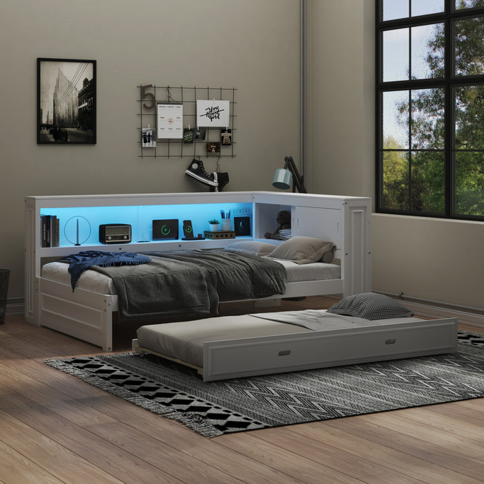 Diana – Lit De Jour Double En Bois Avec Etageres De Rangement, Ports Usb Et Eclairage Del, Blanc