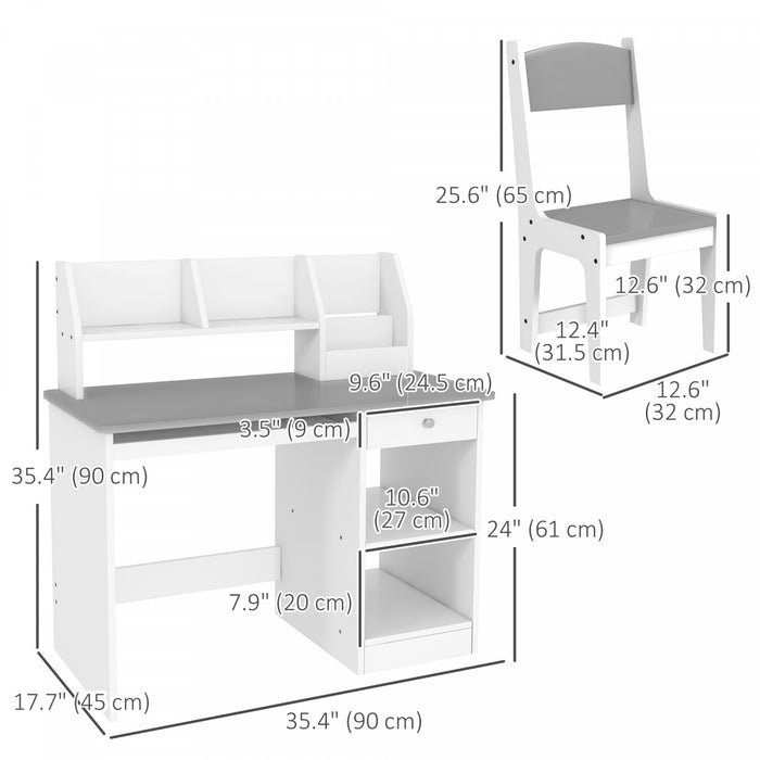 Qaba Ensemble Bureau Et Chaise Pour Enfants De 5 A 8 Ans Avec Rangement, Table D'etude Et Chaise Pour Enfants, Gris