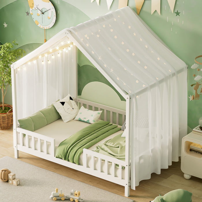 Paul Lit Montessori au sol avec baldaquin et barrieres hautes, Taille Double, Blanc