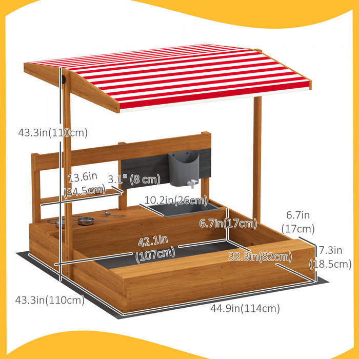 Outsunny Bac a sable pour enfants avec couvercle, bac a sable en bois avec couvercle reglable, siege, jeu de sable en plein air pour les 3 a 7 ans, 45 x 43 x 43 po, rouge