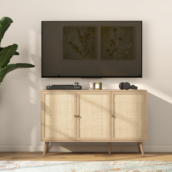 HOMCOM Buffet de cuisine avec 3 etageres portes en rotin, bois naturel