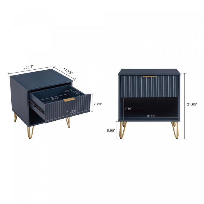 Table de nuit moderne Dumbo 20\" a cannelures en bleu minuit (1 tiroir) - Lot de 2