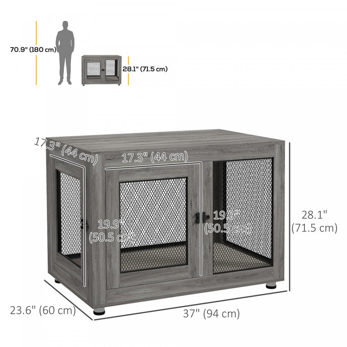Pawhut Pet Crate Table De Bout Avec Coussin Resistant A L'eau, Meubles De Caisse A Chiens A Double Porte Pour Grands Petits Chiens Moyens, Chenil En Bois En Bois Pour Un Usage Interieur, Gris