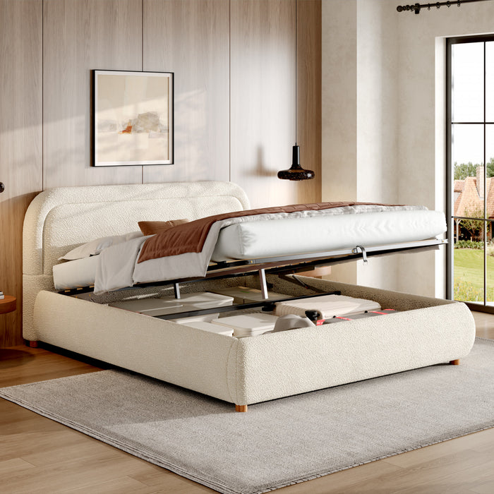 Lit plateforme Sophia avec rangement a levage hydraulique, revetement en boucle, taille queen, beige