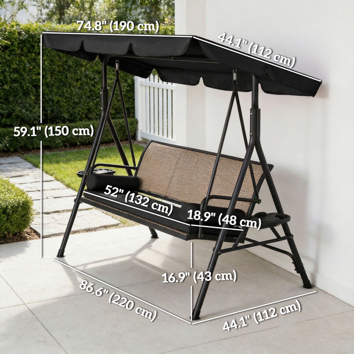 Outsunny Balancelle de veranda 3 places avec auvent et assise en rotin Noir