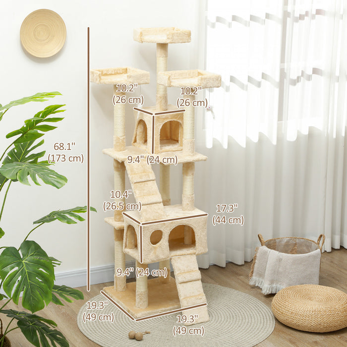 Pawhut 67 Pouces Multi-niveaux Arbre A Gratter Pour Chat Kitty Activity Center Post Tower Condo Meubles Pour Animaux De Compagnie Avec Jouet Beige