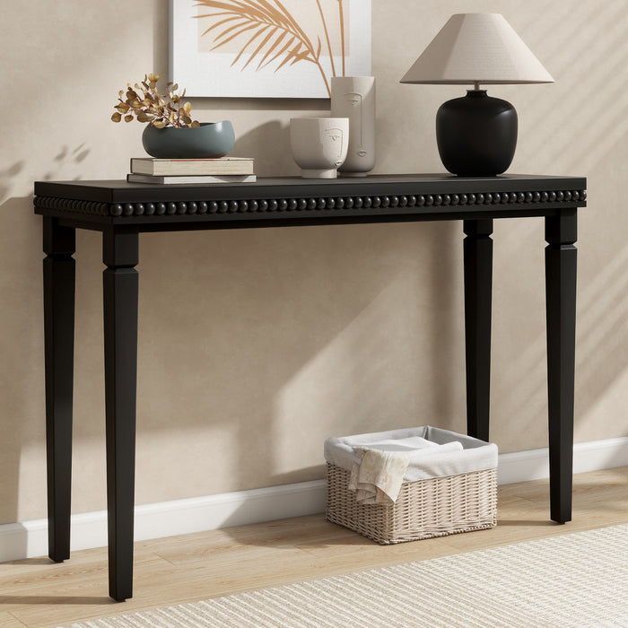 Console rustique en bois Martha 120 cm avec bordure perlee decorative - noire