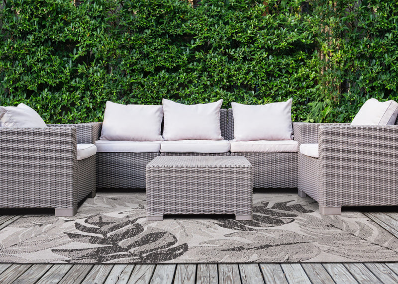 Tapis Jackson a feuilles botaniques gris et blanc, 6'7\" x 9'6\"