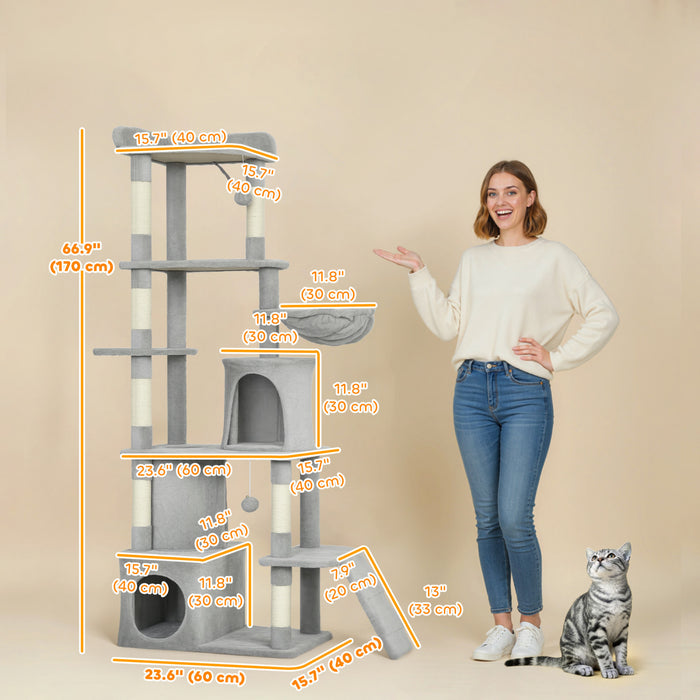 Arbre a chat XXL 170 cm avec 7 poteaux a griffer, gris clair