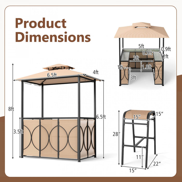 Costway 6.5 X 4 X 8 Ft Grill Gazebo Ensemble Avec 2 Tabourets De Bar, Table De Bar En Verre Trempe Brun