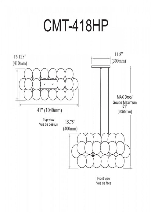 Luminaire suspendu horizontal Comet de Dainolite en verre transparent, avec fini chromé poli et 10 ampoules
