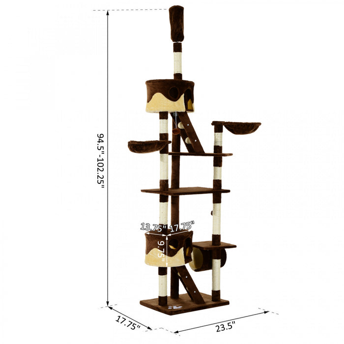 Pawhut 94 \"-102\" Enorme Arbre A Chat Plafond Haut Chat Condo Griffoir Centre D'activite Multi-niveaux Maison De Jeu Marron
