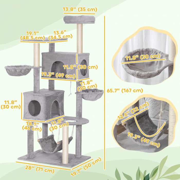 66 Inch Cat Tree with 2 Condos, 3 Big Hammocks, Light Grey
