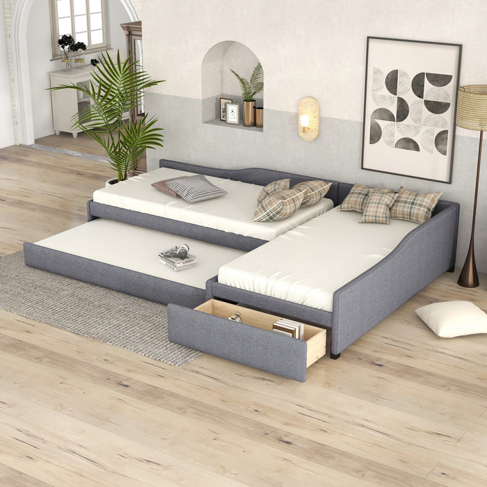 Tyler – Lit De Jour Rembourre En Tissu Aspect Lin Avec Lit Gigogne Et Rangement, Format Simple, Gris