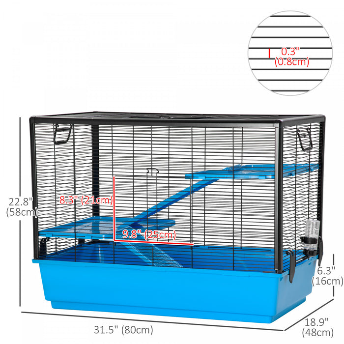Pawhut Cage Petit Animal Habitat Interieur Cage Pour Cochons D'inde Hamsters Chinchillas, Avec Accessoires Bouteille D'eau Balcon Rampe Plat De Nourriture, 31.5\"x19\"x 22.75\", Bleu Clair