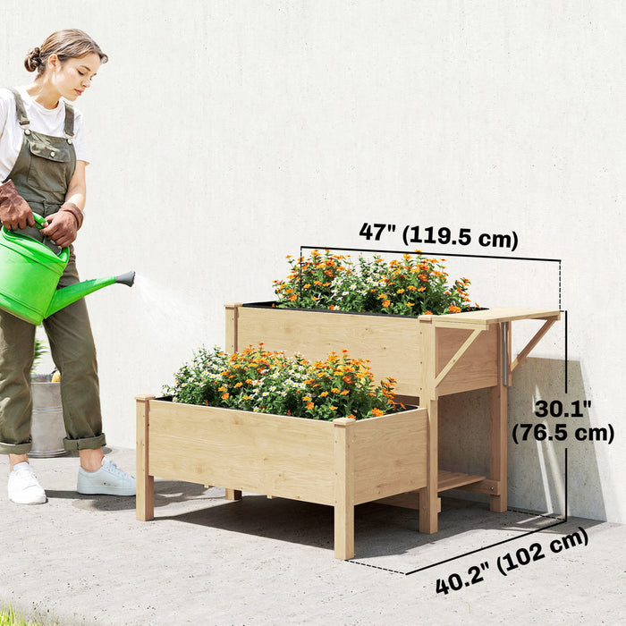Outsunny Carre de Jardin sureleve en Bois, Bac de Plantation a 2 Niveaux avec Etagere