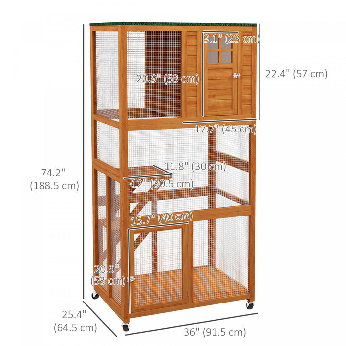Pawhut Cage A Chat, Grand Catio, Enclos D'exterieur En Bois Pour Chat Avec Roulettes, Toit Resistant Aux Intemperies, Plates-formes, Cage Pour 1 A 3 Chatons, Orange