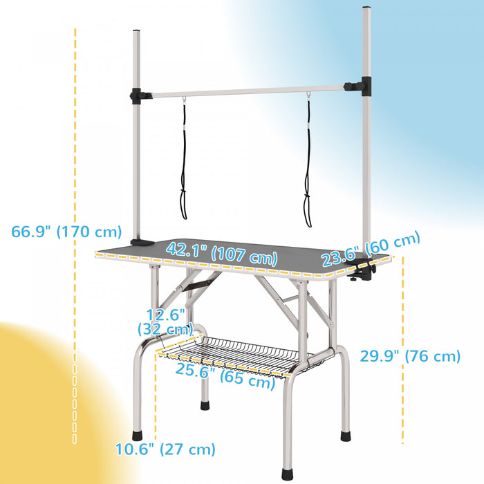 Pawhut Table De Toilettage Reglable Pour Chien, Dessus En Caoutchouc, 2 Sangles De Securite, Panier De Rangement En Maille, Metal Lourd, 42,25\" X 23,5\" X 67\", Gris