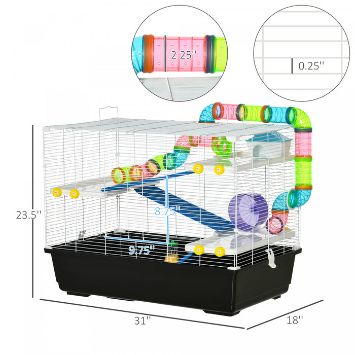 Pawhut Grande Cage Pour Hamster De 31 Cm, Maison Pour Petits Animaux, Refuge Pour Gerbilles A Plusieurs Etages, Systeme De Tube Tunnel, Avec Bouteille D'eau, Tubes, Roue D'exercice, Plat De Nourriture
