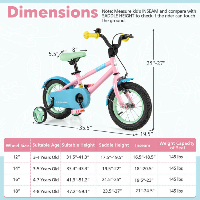 Costway 12\" Velo Pour Enfants Avec Guidon Reglable De Selle Roues D'entrainement Amovibles Frein A Main Rose