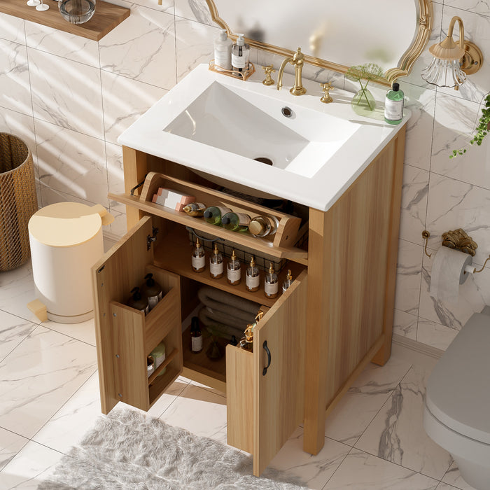 Meuble de salle de bain en bois moderne Nolan 24 pouces avec lavabo ceramique et rangement, brun