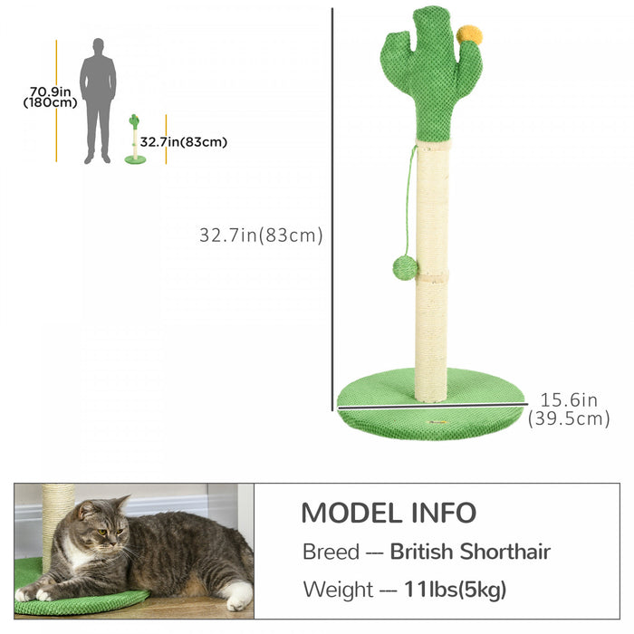 Pawhut Arbre A Chat En Forme De Cactus Pour Chat D'interieur, Griffoir En Sisal Avec Boule Suspendue, 33\", Vert