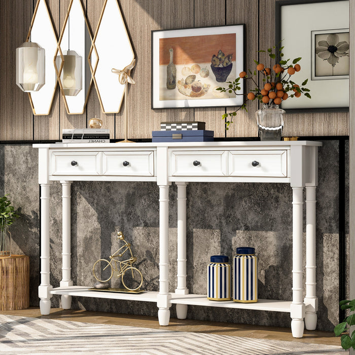 Table Console Phyllis En Bois Massif Avec Tiroirs Et Etagere Inferieure - Ivoire Blanc