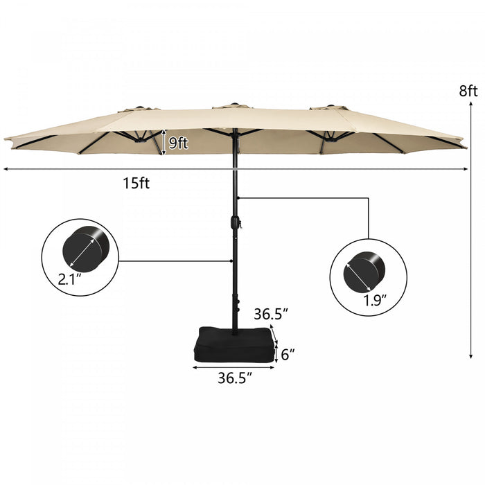 Costway Parasol double face 15FT a manivelle avec base pour marche exterieur Beige