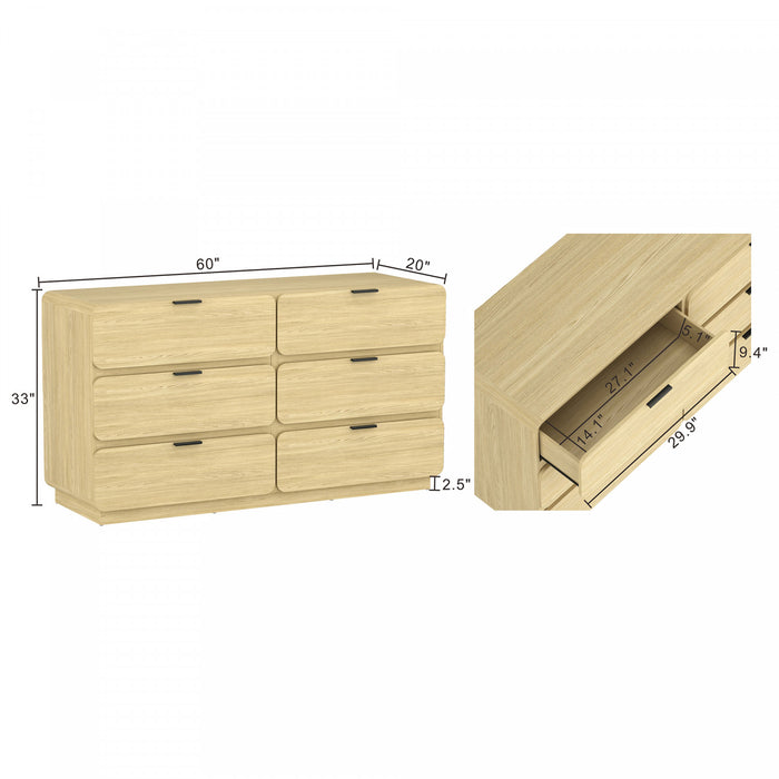Commode moderne contemporaine Chrystie 60\" en bois naturel (6 tiroirs)