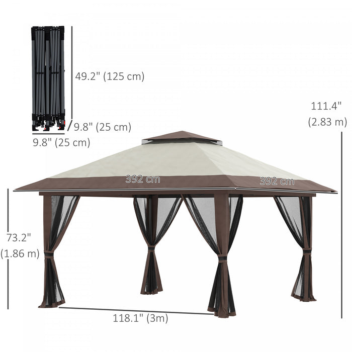 Outsunny 13' X 13' Pop Up Canopy Avec Parois Laterales En Maille, Abri De Tente A Canopy Facile Avec Toit A 2 Niveaux, Sac De Transport Sur Roues, Arriere-cour, Patio, Pelouse, Beige