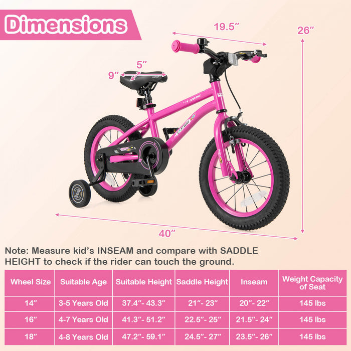 Velo Costway 14 Pouces Pour Enfants De 3 A 5 Ans Avec Selle Reglable Et Guidon Antiderapant Rose