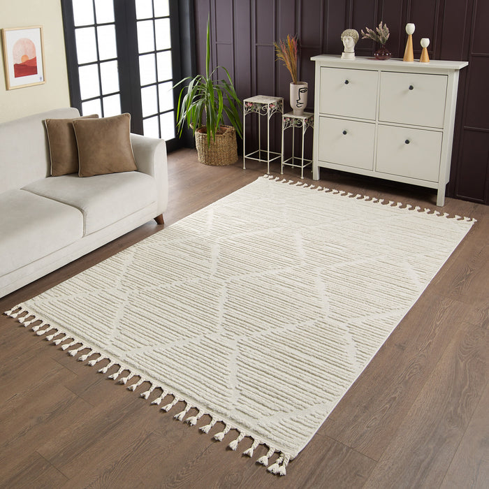 Carpette à poil long Quinto crème à motif de grands treillis - 2 pi 7 po x 8 pi 