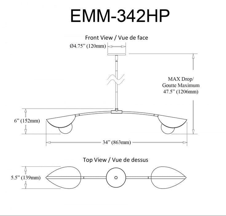 Luminaire suspendu horizontal Emma de Dainolite en verre blanc, avec fini noir mat et laiton vieilli, et 2 ampoules