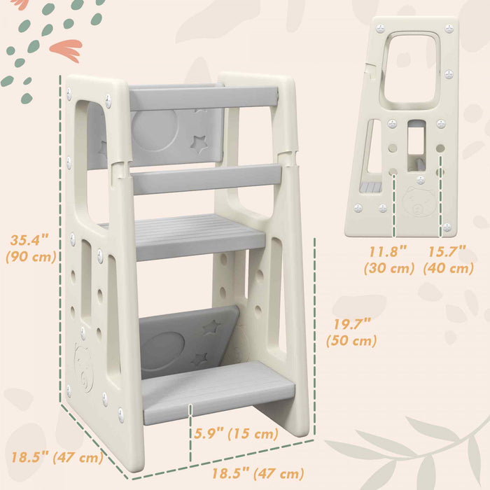 Qaba Tabouret A 2 Marches Pour Bambin Avec Plateforme A Hauteur Reglable Et Rail De Securite, Blanc Creme