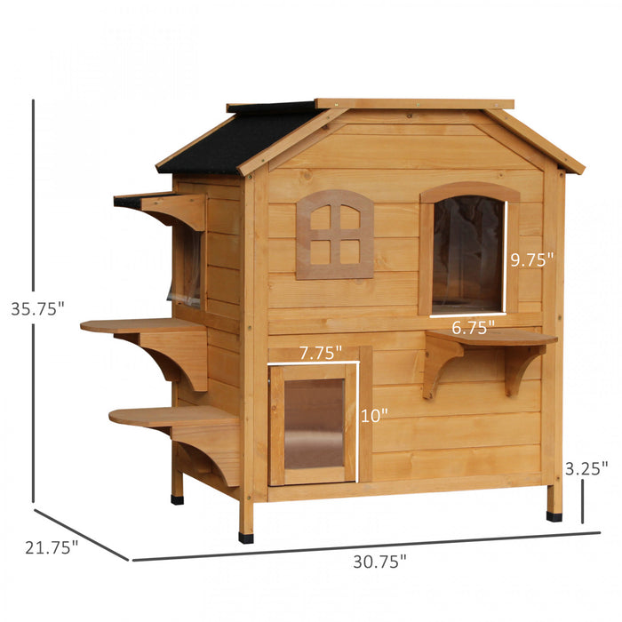 Pawhut Condos Pour Chat En Bois Massif Pour Animal Domestique Etanche A L'eau Villa D'exterieur A 2 Etages, Bois Naturel