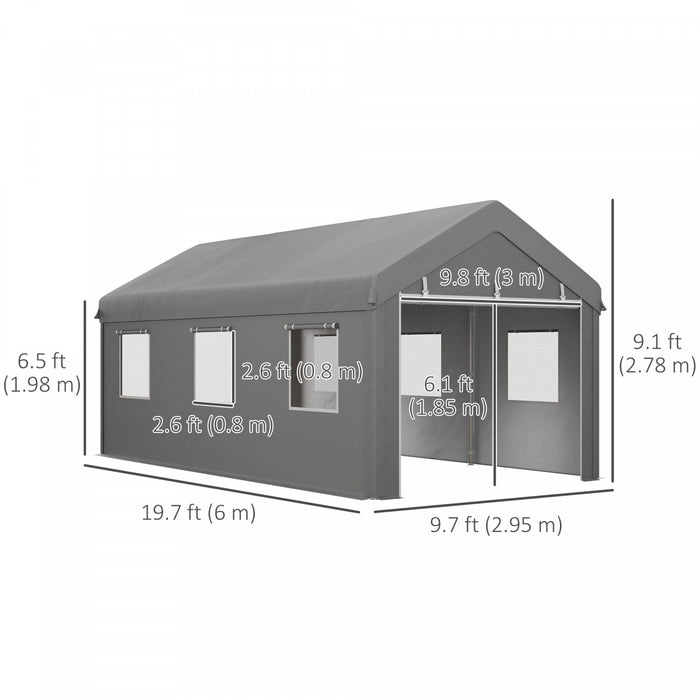 Outsunny 10' X 20' Carport, Abri De Voiture Avec 6 Fenetres Et 2 Portes