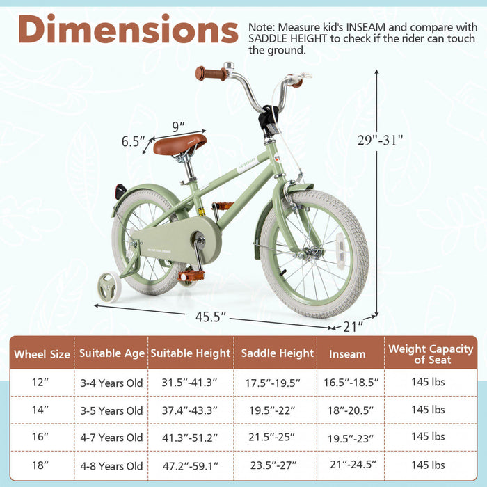 Costway 16\" Velo Pour Enfants Avec Guidon Reglable De Selle Roues D'entrainement Amovibles Frein A Main Vert