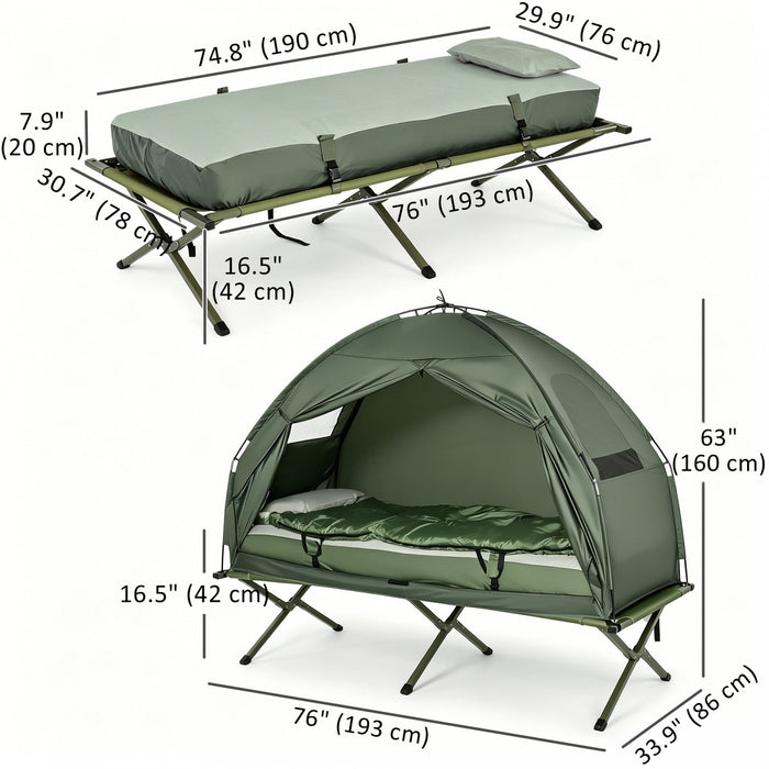 Tente-lit de camping 4-en-1 Outsunny, lit sureleve pour 1 personne avec matelas gonflable, sac de couchage et oreiller