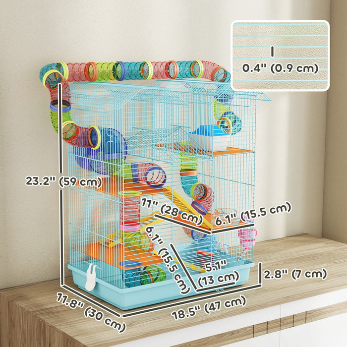 Cage Pour Hamster Pawhut 47 Cm, Maisonnette A 5 Niveaux Pour Petits Animaux Avec Systeme De Tunnel, Roue D'exercice, Bouteille D'eau, Bol, Rampe, Bleu Pale