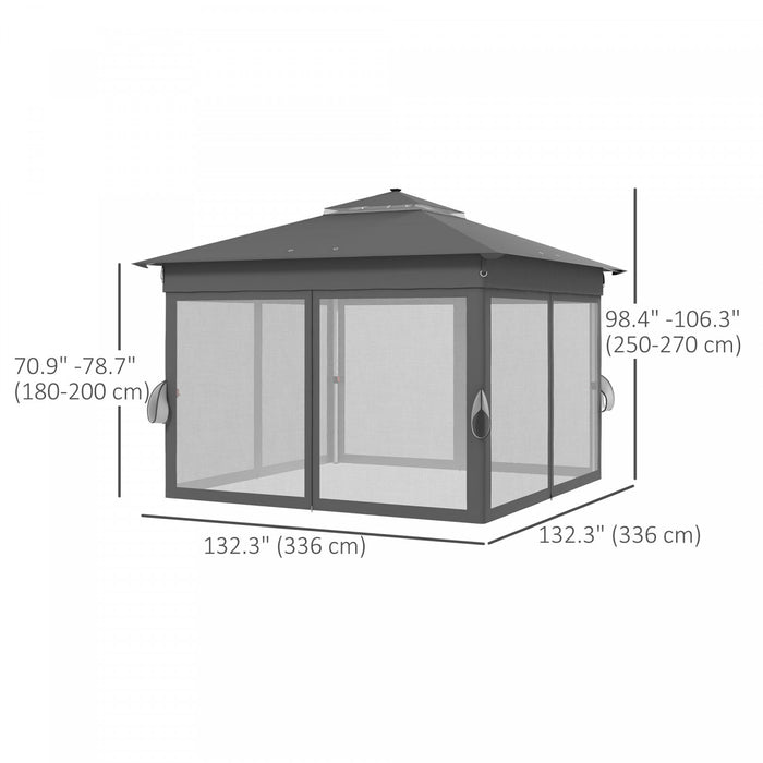 Outsunny 11x11ft Pop Up Canopy Tent With Sides, 20 Solar-powered Led Lights, Curtains, Netting, Roller Bag, 4 Weight Bags, Height Adjustable Instant Sun Shelter For Outdoor, Garden, Patio, Grey (abri Solaire Instantane Reglable En Hauteur Pour L'exterieur, Le Jardin, Le Patio)