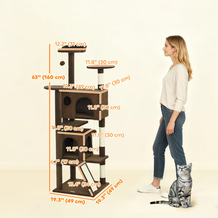 Arbre a Chat 160 cm avec Poteaux a Griffer et Cachettes, Marron Clair